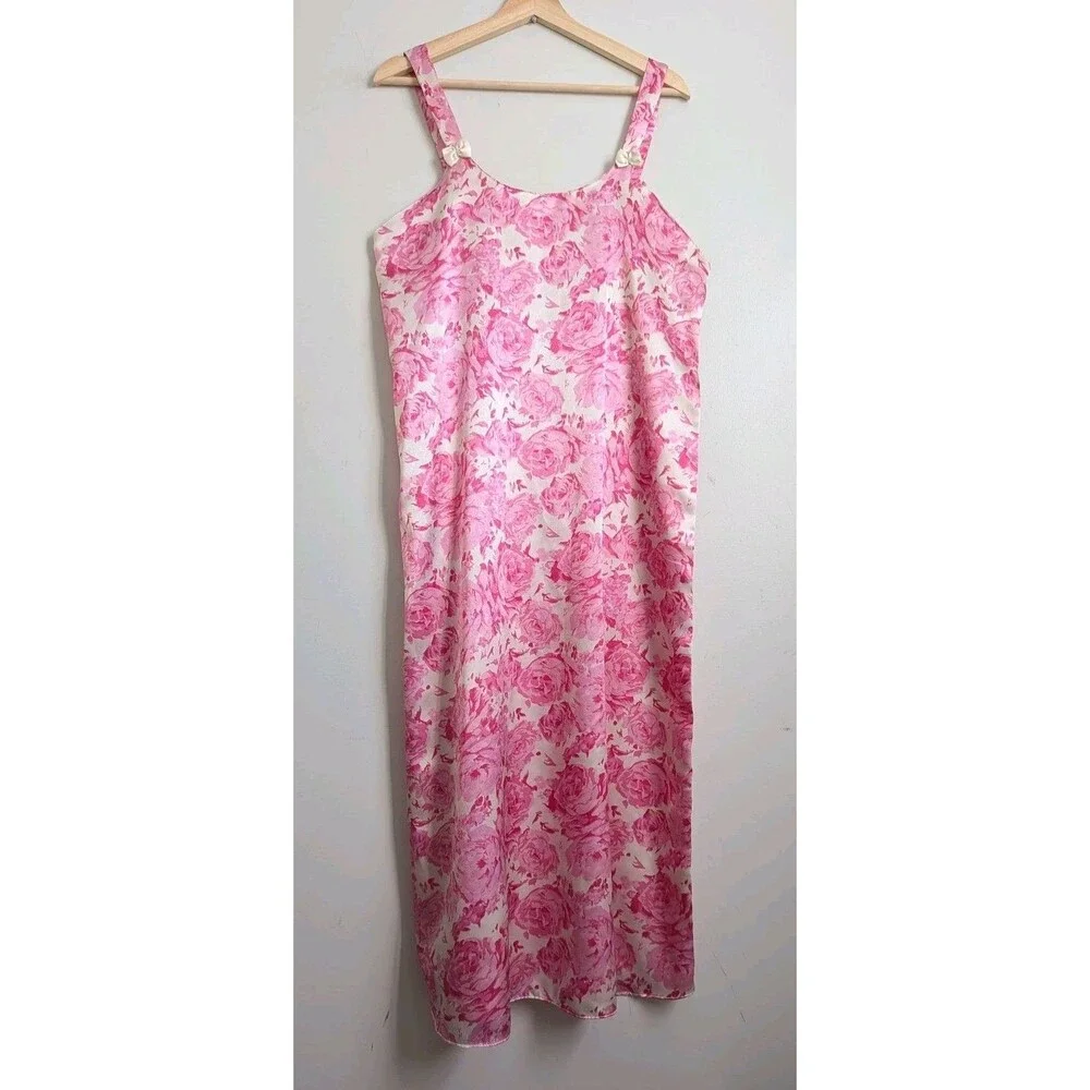 Strappy Silky Satin Slip Nightgown Dress M L Pink Rose Floral Bows L 90s Y2K
